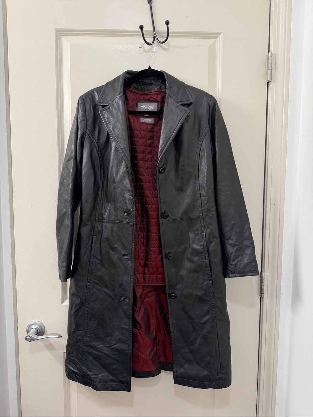 Vintage Y2K 90s Wilson’s Leather Trench Coat Black Long Jacket